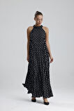 Boyundan Bağlamali Piliseli  Kolsuz Saten Elbise | Elb34513 Siyah Puantiyeli
