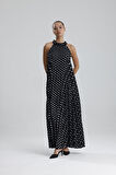 Boyundan Bağlamali Piliseli  Kolsuz Saten Elbise | Elb34513 Siyah Puantiyeli