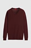 Regular Fit Bordo Düz V Yaka Triko Kazak 5HF06ORT12003
