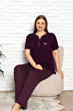 Kadın Mürdüm Desenli V Yaka 3 Düğmeli Likralı Viskon Kısa Kol Pijama Takımı
