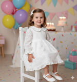  Beyaz Uzun Kollu Fisto Yaka Detaylı Kız Çocuk Elbise - Jesicca