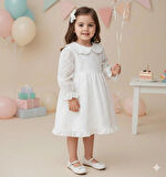  Beyaz Uzun Kollu Fisto Yaka Detaylı Kız Çocuk Elbise - Jesicca