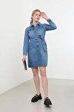 Kadın Uzun Kollu Jean Elbise Mavi