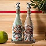 Özel Tasarım Düşkapanı Desenli Sunum Stantlı 2'li 750 ml Zeytinyağı Sıvıyağ Şişesi Yağdanlık Yağlık