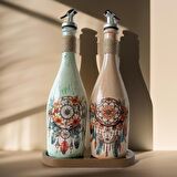 Özel Tasarım Düşkapanı Desenli Sunum Stantlı 2'li 750 ml Zeytinyağı Sıvıyağ Şişesi Yağdanlık Yağlık