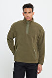 Erkek Haki Loose Fit Bato Yaka Desenli Polar