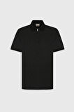 Erkek Siyah Slim Fit Dar Kesim Fermuarlı Yaka %100 Pamuk Baskılı Tişört