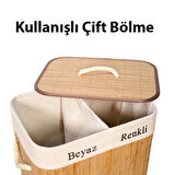 Coofbe Katlanabilir Çift Bölmeli Doğal Natural 100 Lt Bambu Çamaşır Sepeti Hasır Bambu Çamaşır Sepeti