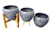 Ev Dekorasyon Gri Granit Toprak Saksı Saksılık Salon Çiçeklik Üçlü Set - 15 CM