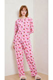 Kadın Çilekli Desenli Bisiklet Yaka Uzun Kollu Pembe Pijama Takımı