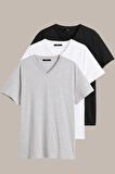 METALIC Erkek Çok Renkli T- Shirt Regular Fit Rahat Kesim V Yaka 3'lü Basic Tişört Paketi