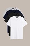 Erkek Çok Renkli T- Shirt Regular Fit Rahat Kesim V Yaka 4'lü Basic Tişört Paketi