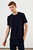 Erkek Bisiklet Yaka T-shirt %100 Pamuk Nakış Detaylı Basic Lacivert Tişört