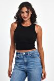 Kadın Siyah Fitilli Görünümlü Askılı Kalın Esnek Örme Basic Crop Atlet Bluz