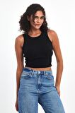 Kadın Siyah Fitilli Görünümlü Askılı Kalın Esnek Örme Basic Crop Atlet Bluz