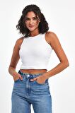 Kadın Beyaz Fitilli Görünümlü Askılı Kalın Esnek Örme Basic Crop Atlet Bluz