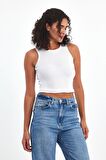 Kadın Beyaz Fitilli Görünümlü Askılı Kalın Esnek Örme Basic Crop Atlet Bluz