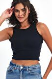 Kadın Lacivert Fitilli Görünümlü Askılı Kalın Esnek Örme Basic Crop Atlet Bluz