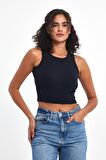 Kadın Lacivert Fitilli Görünümlü Askılı Kalın Esnek Örme Basic Crop Atlet Bluz