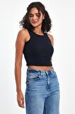 Kadın Lacivert Fitilli Görünümlü Askılı Kalın Esnek Örme Basic Crop Atlet Bluz