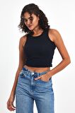 Kadın Lacivert Fitilli Görünümlü Askılı Kalın Esnek Örme Basic Crop Atlet Bluz