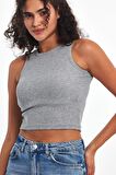 Kadın Gri Fitilli Görünümlü Askılı Kalın Esnek Örme Basic Crop Atlet Bluz