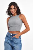 Kadın Gri Fitilli Görünümlü Askılı Kalın Esnek Örme Basic Crop Atlet Bluz