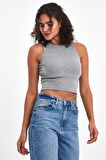 Kadın Gri Fitilli Görünümlü Askılı Kalın Esnek Örme Basic Crop Atlet Bluz