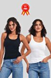 Kadın Siyah-Beyaz Fitilli Görünümlü Askılı Kalın 2'li Basic Atlet Bluz