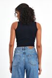 Kadın Siyah-Beyaz Fitilli Görünümlü Askılı Kalın Esnek Örme 2'li Basic Crop Atlet Bluz