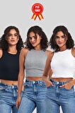 Kadın Siyah-Beyaz-Gri Fitilli Görünümlü Askılı Kalın Esnek Örme 3'lü Basic Crop Atlet Bluz