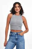 Kadın Siyah-Beyaz-Gri Fitilli Görünümlü Askılı Kalın Esnek Örme 3'lü Basic Crop Atlet Bluz