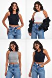 Kadın Siyah-Beyaz-Gri-Lacivert Fitilli Görünümlü Askılı Kalın Esnek Örme 4'lü Basic Crop Atlet Bluz