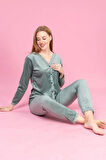 Kadın Önden Düğmeli Kadife Dantel Yaka Detaylı, Çeyizlik Su Yeşili Pijama Takımı