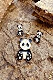 Patili Panda Siyah Beyaz Mineli Altın Renk Paslanmaz Çelik Çocuk Küpe Kolye Set