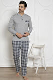 Erkek Ekose Desenli Likralı Pamuk Uzun Kol Kışlık İnterlok Göğüs Cepli Pijama Takımı 