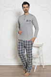 Erkek Ekose Desenli Likralı Pamuk Uzun Kol Kışlık İnterlok Göğüs Cepli Pijama Takımı 
