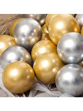 30 Adet Balon Metalik Renkler Beyaz - Gold - Gümüş 3 farklı renk