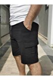 Erkek Siyah Pamuk Spor Kargo Cepli 2 Iplik Şort
