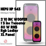 HEPU HP 943 Taşınabilir Şarjlı Bluetooth Parti Hoparlörü 2*10 inc Woofer 80 w Rms Ultra Bass
