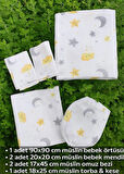 Müslin Bezi Bebek Set 6 Parça 100 % pamuklu ay yıldızlı kalpli