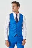 Erkek Saks Mavi Ekstra Slim Fit Dar Kesim Mono Yaka Pick Desenli Yelekli Takım Elbise