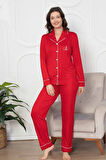 Kadın Kırmızı Bambu Kumaş Mevsimlik Boydan Önden Düğmeli Gömlek Yaka Uzun Kol Pijama Takımı 