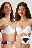 2'li Ekonomik Paket Beyaz 6010 Madrid Balenli Dolgusuz Micro T-shirt Sütyen Seti Slip Hediyeli
