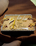 Amour Gold Lüks Swarovski Söz Nişan Tepsisi 