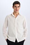 DeFacto %100 Keten Regular Fit Polo Yaka Yazlık Uzun Kollu Beyaz Gömlek D9925AX25SPWT33