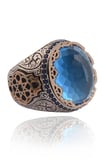 Blue Topaz Aqua Marin Taşlı Yanı Işlemeli Erkek Gümüş Yüzük