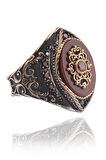 Anadolu Desenli Kehribar Taşlı Yanı Işlemeli Erkek Gümüş Yüzük