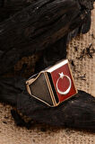 Ayyıldız Bayrak Motif Yanı Nokta Desen 925 Ayar Gümüş Erkek Yüzük Gyzayyldızy-gms