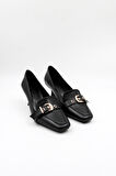 Park Moda Kadın Kısa Topuklu Tokalı Günlük Ayakkabı PM170 Siyah Cilt
